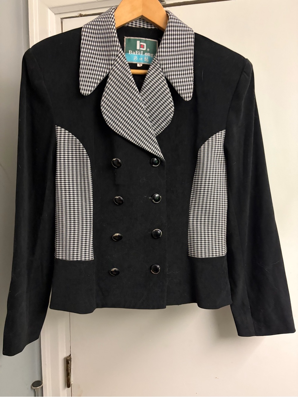 Black Houndstooth Accent Double-Breasted Women's Jacket; Faux Suede; NWOT; AS IS